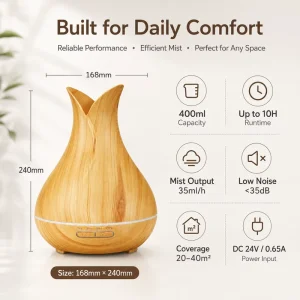 New Arrival Electric Smart 400ml Wood Grain Tuya App Control 7 Color LED Light Whisper Quiet Cool Mist Aroma Diffuser for Living