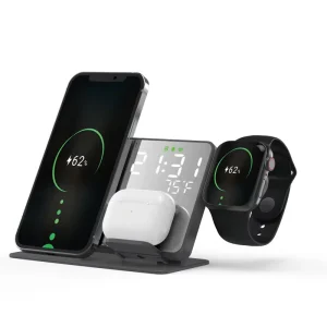 New Cross Border 4 in 1 Wireless Charger W 928 Phone Smartwatch Earphones Clock 15W Fast Charging 5 Input Temperature