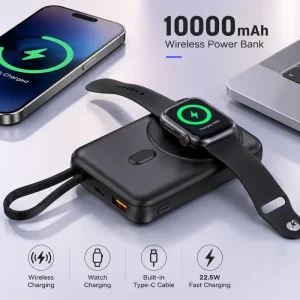 New Fast 10000 MAh Type C Cable Phone Holder Wireless Charger 22.5W PD Smart IC Built in Cable 2 in 1 Power Bank Pour Téléphone