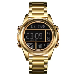 New Gold Digital Smart Watch for Men Fashionable Quartz Movement LED Display with Calendar Steel Band