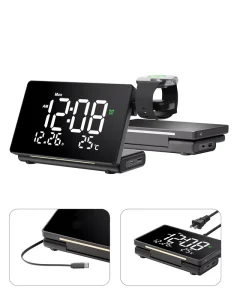 New Innovative Multi Port Interface Power Adapter Mirror LED Desktop Clock Retractable 45W USB-C Fast Charger with Night Light