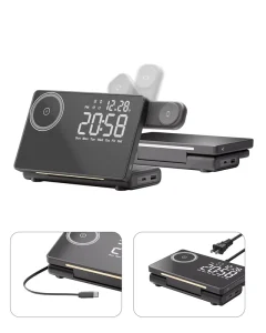 New Innovative Product Magetic Wireless Charger Station LED Desktop Clock Retractable 45W USB-C Fast Charger With Wake-up Light
