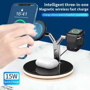 New Magnetic 3 in 1 Wireless Charging Station with RGB Ambient Light Phone Fast Charger Dock Stand for iPhone 17 Watch Earphone