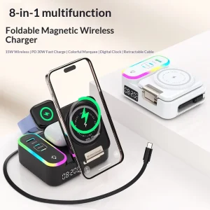 New Private Model Wireless Charger Built in Retractable Cable Multi port (1 + 2 Type C) Foldable Design 15W Smart Watch Earphone