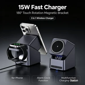 New Products 15W Fast Magnetic Wireless Charger Stand Touch Automatic Rotation 3 in 1 Wireless Charger Digital Alarm Clock
