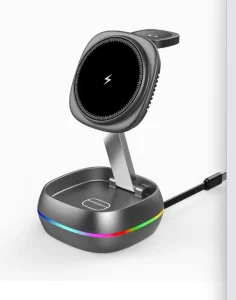 New three in one wireless charging magnetically attached charger with foldable and telescopic cable stand