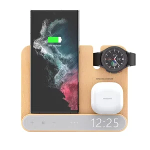 Newest 3 in 1 PC Wireless Charger with Magnetic Fast Charging Wooden Digital Alarm Clock Stand for Phone Smart Watch Earphone