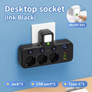 Night Light Independent Smart Home Multi-position European Style 2 USB Ports & 1 Type-C AC Outlets EU Wall Plug Power Strip