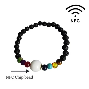 Ntag216 Chip Natural Black Lava Stone Smart NFC Bracelet with 7 Chakra Healing Beads for Yoga Practitioners Spiritual Users