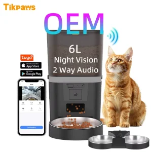 OEM 6L Automatic Cat Treat Dispenser With Camera Timer Voice Recording Smart Pet Feeder Dispenser Dog Food Bowls Wifi Tuya App