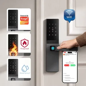 OEM A01 Tuya App Remote Control AI Fingerprint Unlock Wifi Wooden Door Smart Lock Type C Emergency Supply With Handle