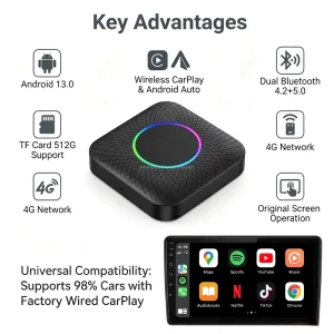 OEM Custom Android 13 Wireless CarPlay AI Box Qualcomm 6125 Octa Core 4G LTE GPS Smart Video Streaming Adapter
