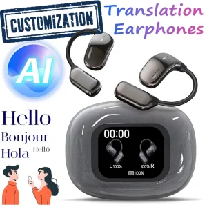 OEM JM16 Upgraded Online Instant Intelligent AI Language Translator Earbuds Full color Touch Screen Ear hook Sports Earphones
