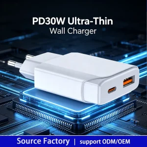 OEM ODM PD30W Ultra Thin Wall Charger Fast Charging Portable Power Adapter for iPhone Samsung USB A Type C EU Plug