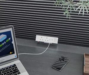 OMNI Modern Aluminum Smart Desk Charging Hub with Qi Wireless Phone Charger and Power Outlet for Commercial Office Environments