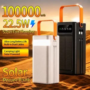Outdoor 100000mah Solar Power Bank 22.5W PD Fast Charging 50000mah Powerbank Portable Charger with LED Light Built in Cable
