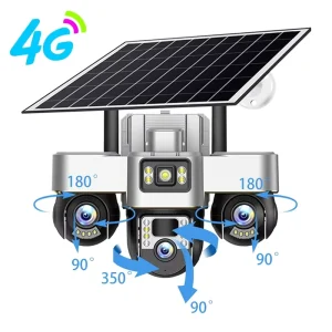 Outdoor 4G Solar Camera Wireless IP Camera 3 PTZ Screens Pan Tilt Built in Mic Night Vision Cloud Phone Control Memory Card