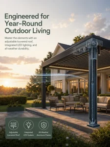 Outdoor Aluminum Louvered Pergola Smart Motorized App Control RGB Light Auto Rain Sensor Eco-Friendly Nature Inspired Design
