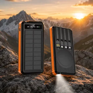 Outdoor Solar Power Bank 10000mAh, Built-in Cable Portable Charger with Magnetic Wireless Charging and LED Camping Light
