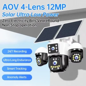 Outdoor Wireless 4G SIM Solar Panel CCTV Camera 4 Lens 4 Screen PTZ Camera Motion Detection Alarm 24/7 AOV Solar Camera