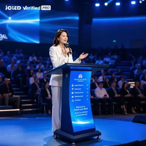 P2.5 Digital LED Screen Smart App Control Speech Podium Universal Wheel Conference Stage for Business Self Service Shopping Mall