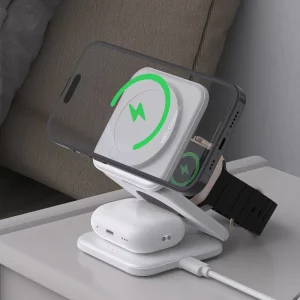 3-in-1 Magnetic Foldable Wireless Charging Station, PD/QC Fast Charging, Type-C Port, 18W Output, Fire-Resistant, CE/FCC/RoHS Certified