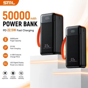 PD22.5W Fast Charge 50000mAh Power Bank High Capacity Portable Battery Charger LED Digital Display 4 USB Outputs Built-in Cable