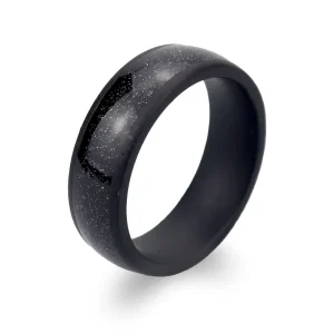 POYA NFC Smart Ring 8mm Black Galaxy Sandstone Wood Inlay Mens Wedding Band
