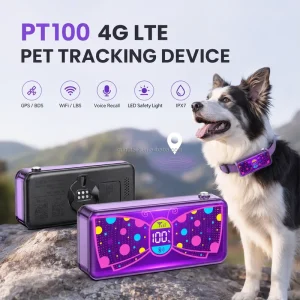 PT100 4G LTE Pet Tracking Device with GPS BDS WiFi LBS Positioning Voice Recall LED Safety Light and IPX7 Protection