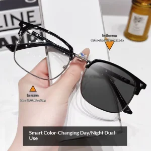 Photochromic Sunglasses Handsome Half Frame Color Changing Myopia Eyeglasses Men Women Anti Blue Light Retro Square Frame