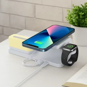 Plastic Wireless Charger Clock with Fast Charging Earphone & Watch Charging 5W Output LED Display and Watch Stand