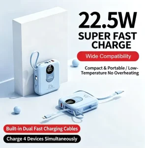 Pocket Power Bank Built in Dual Cable PD20W Bidirectional Fast Charge Smart Digital Display Air safe Travel External