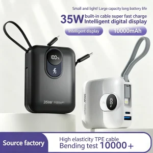Portable 10000mAh Power Bank with 22.5W Super Fast Charging, 2 Built-in Cables, Lightweight and Slim Design