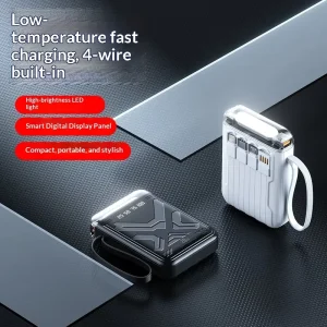Portable 10000mAh Print Logo Power Bank with 10W Super Fast Charging 4 Built in Cables LED Flashlight and Slim Design