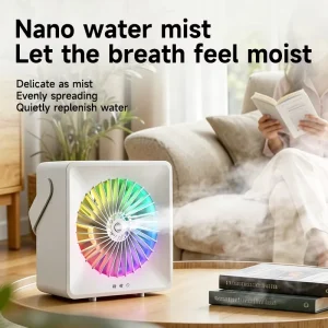 Portable Air Cooler Fan Misting Desktop Humidifier Fan with LED Night Light USB Rechargeable Water Spray Cooling Fan