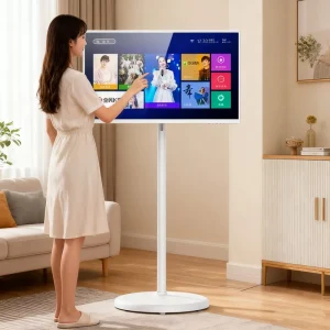 Portable Android Smart Display Screen Rechargeable LCD Stand Waterproof Touch Monitor White Cabinet LED Wheel Attached Smart TV