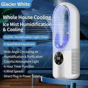 Portable Compact 3in1 Bladeless Circulation Cooling Fan Humidification Air Purifier 6 Speeds Smart Mist LED Timer for Car Hotel