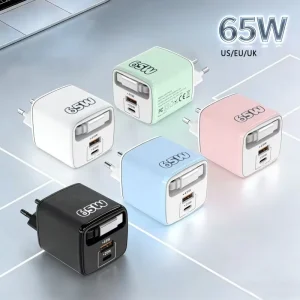 Portable Fast USB Wall Charger with Retractable Cable 65W PD USB A USB C Socket Travel PD Charger Multi Port Fast Charging Plug