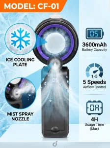 Portable Handheld Water Mist Cooling Fan Foldable Neck Fan with Digital Display 5 Speeds 3600mAh Battery Household Use