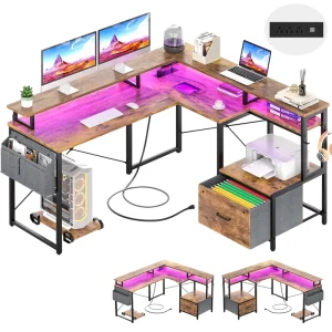 Portable L Shaped Office Desk with File Drawer Cabinet & Full Monitor Stand Gaming Computer Space Saving Design Living Room