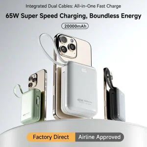 Portable Large Capacity 20000mAh Power Bank with 65W Super Fast Charging Built in Cables Lightweight and Slim Design