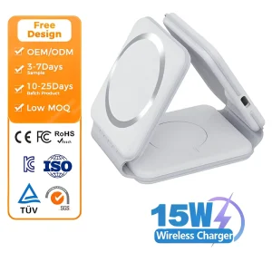 Portable Magnetic 3 in 1 Wireless Charging Dock Foldable 15W Fast Charger Station Multiple Devices Smartphone Holder