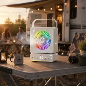 Portable Misting Fan Speaker Wireless Usb Rechargeable Travel Humidifier Desktop Air Cooler Fan for Rv Camper