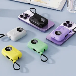 Private Mold 22.5W Fast Charging Power Bank Built in Cable Portable 10000mAh 20000mAh Mini Powerbank Dual 21700 Battery Lanyard