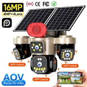Project Grade 16MP 4 Lens AOV Solar Security Camera 24/7 Recording IP66 Outdoor PTZ CCTV System for Industrial & Villa Estate