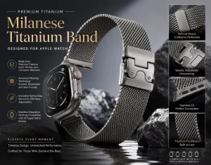 Pure Titanium Milanese Loop Watch Strap with Parachute Clasp Premium Metal Replacement Band for All Apple Watch Series
