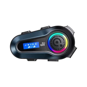 Q08Max Motorcycle Helmet Communication Headset LCD Display 500M 2 Riders Intercom IPX6 Waterproof RGB LED AI Voice
