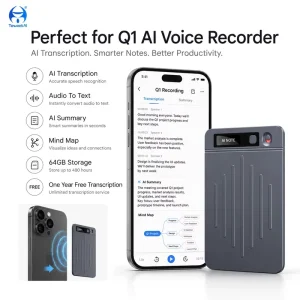 Q1 AI Voice Recorder 64GB Audio Device Unlimited Transcription Multi Language Cloud Backup Meeting Office Assistant