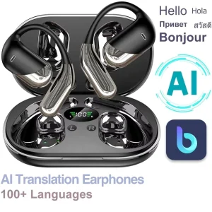 Q16 AI Translation Earbuds Ear Hook Sports Real time Language Translation Earphones Digital Display ANC IPX6 Waterproof for