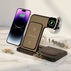 Foldable 3-in-1 Wireless Charger with DC Port, QC3.0, 15W, Compatible with iPhone 17/15/14/13/12 and iWatch, Suitable for Outdoor and Office Use